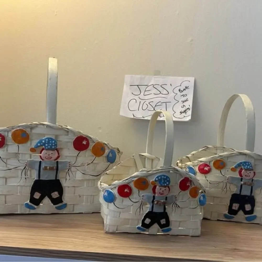 Cute Vintage Woven Clown Baskets Set of 3